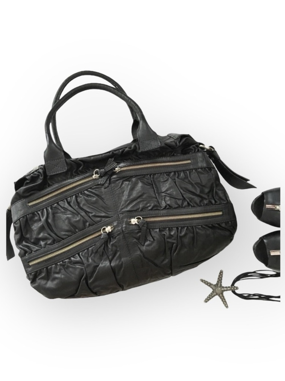 new Maria Bonita Extra ༄ Zip Pockets Leather Travel Bag ༄ Black Metallic Sheen - Picture 4 of 16
